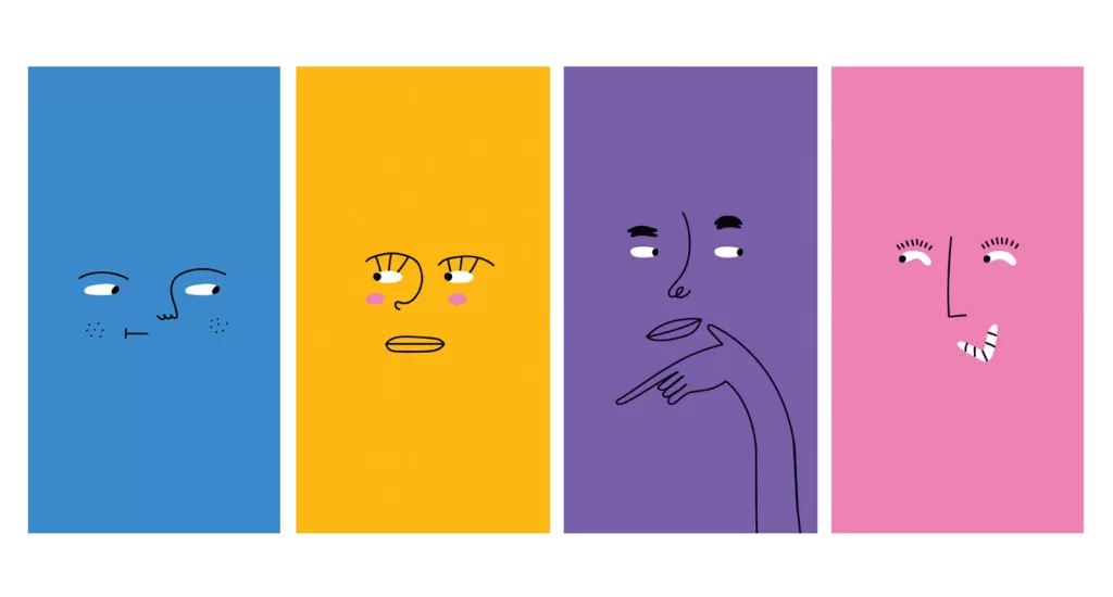 Four colorful rectangles depicting faces with different emotions.