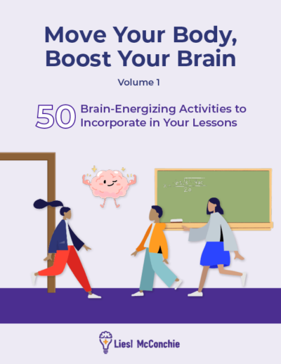 The cover for Move Your Body, Boost Your Brain Volume 1. It has a light purple background and an image of three children moving in a classroom with a muscled brain floating above them.